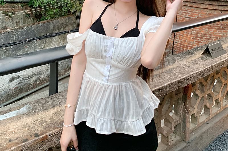 Peplum Puff-Sleeve Plain Back Open Halter Bow Top / Blouse