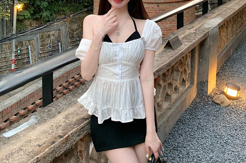 Peplum Puff-Sleeve Plain Back Open Halter Bow Top / Blouse