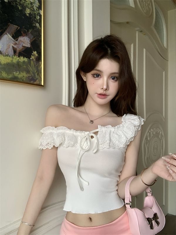 Lace Off-Shoulder Plain Cropped Short-Sleeve Trim T-Shirt