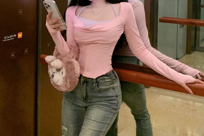 Long-Sleeve Asymmetrical Fit Mock Tee Two Slim Tone Two-Piece