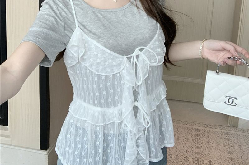 Tee Neck Crew Sheer Top Plain + Set: Ruffle Short-Sleeve Floral Cami