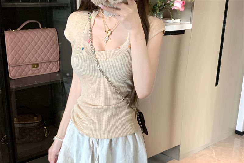 Scoop Plain Short-Sleeve Neck Beaded T-Shirt Sheer