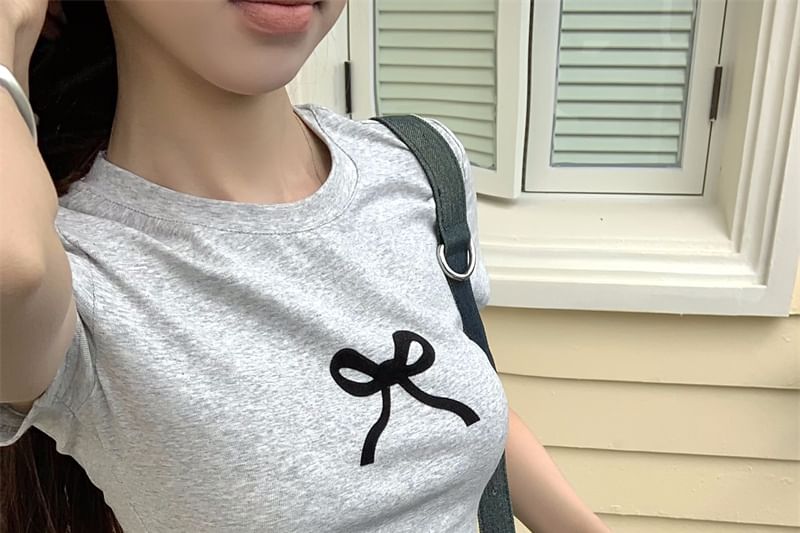 Print Round Cropped Neck T-Shirt Bow Short-Sleeve