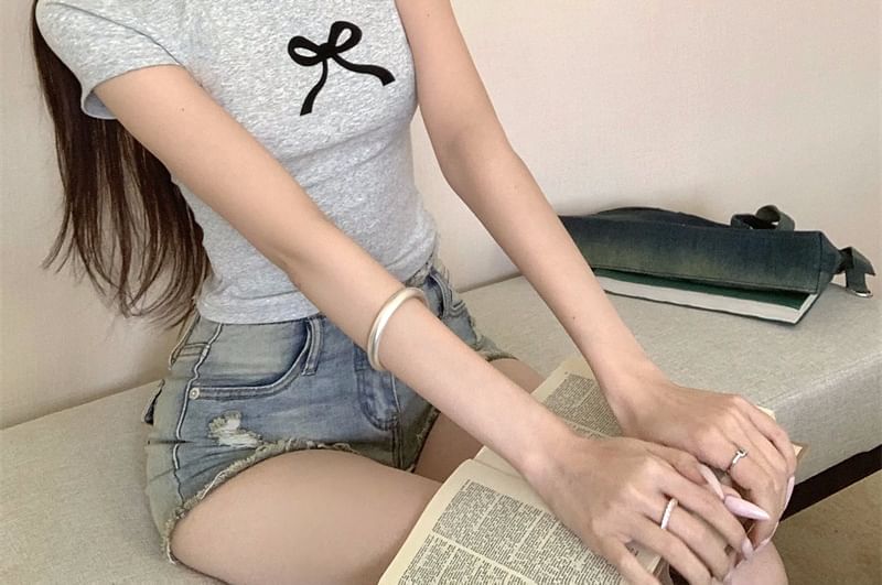 Print Round Cropped Neck T-Shirt Bow Short-Sleeve