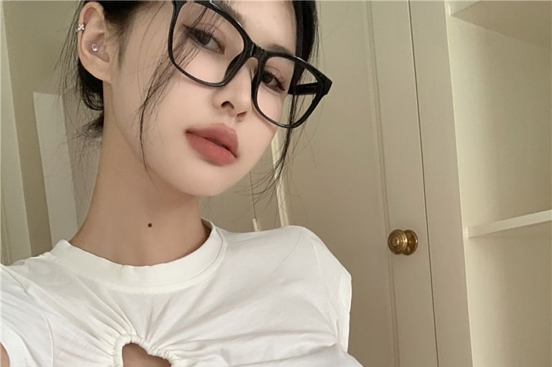 Cropped T-Shirt Neck Plain Cutout Crew Short-Sleeve