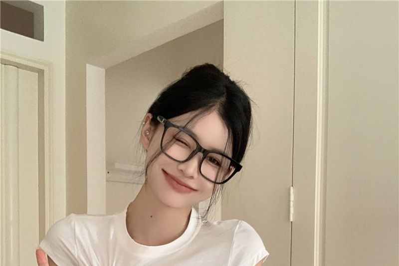 Cropped T-Shirt Neck Plain Cutout Crew Short-Sleeve