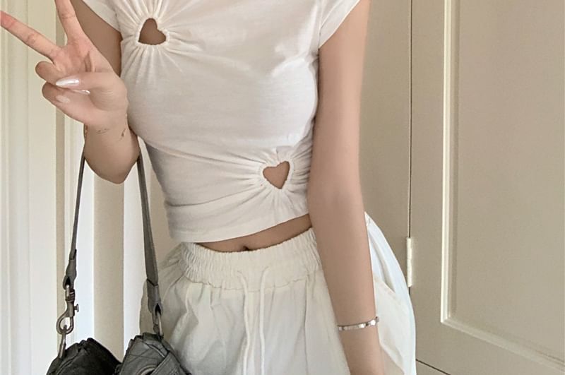 Cropped T-Shirt Neck Plain Cutout Crew Short-Sleeve