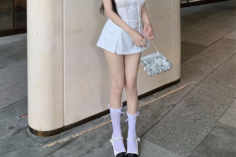 Trim Lace Cap-Sleeve T-Shirt Plain Ruffle