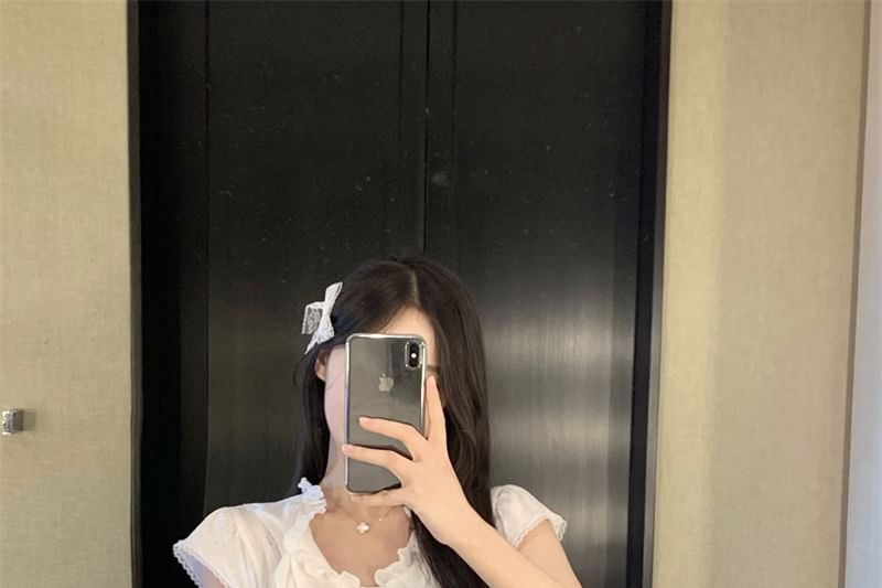 Trim Lace Cap-Sleeve T-Shirt Plain Ruffle