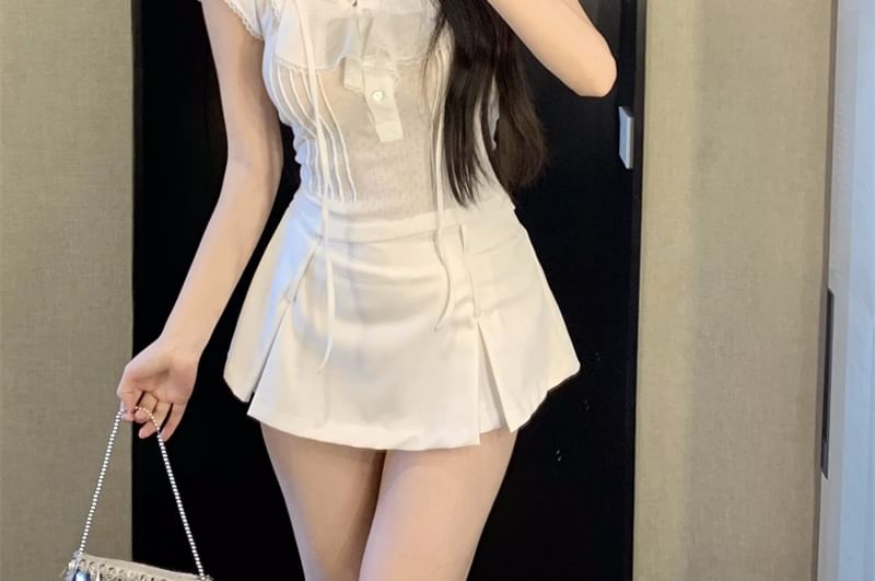 Trim Lace Cap-Sleeve T-Shirt Plain Ruffle