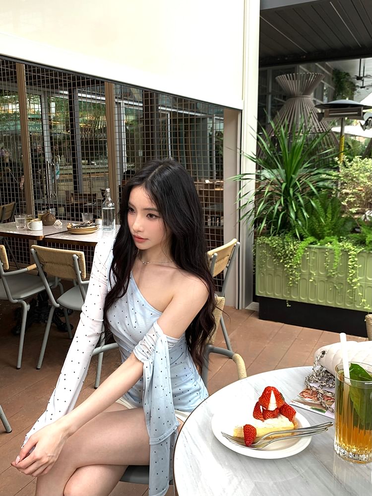 One-Shoulder T-Shirt Dotted Long-Sleeve