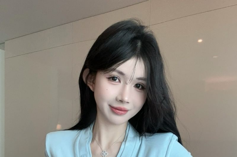 V-Neck Trim Plain Short-Sleeve Ruched Lace T-Shirt