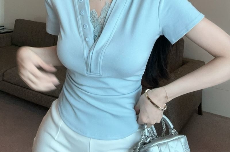 V-Neck Trim Plain Short-Sleeve Ruched Lace T-Shirt