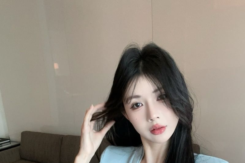 V-Neck Trim Plain Short-Sleeve Ruched Lace T-Shirt