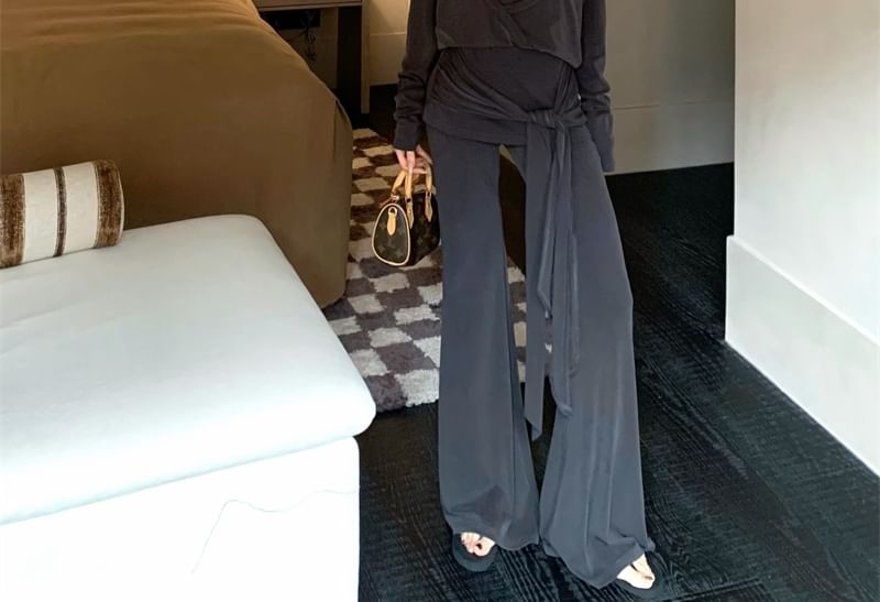 Waist Mock High Crew Flared Long-Sleeve / Neck Pants Two-Piece Plain T-Shirt