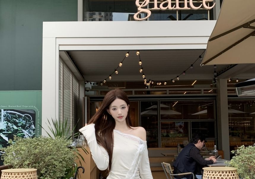 One-Shoulder Ruched High A-Line Trim Asymmetrical Plain Long-Sleeve Tee Skirt Lace Maxi / Rise