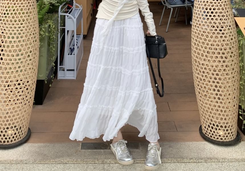 One-Shoulder Ruched High A-Line Trim Asymmetrical Plain Long-Sleeve Tee Skirt Lace Maxi / Rise