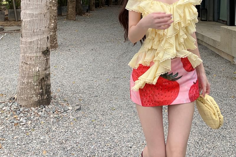 Plain Halter Strawberry Print Mini Ruffle Pencil Skirt High / Top Waist