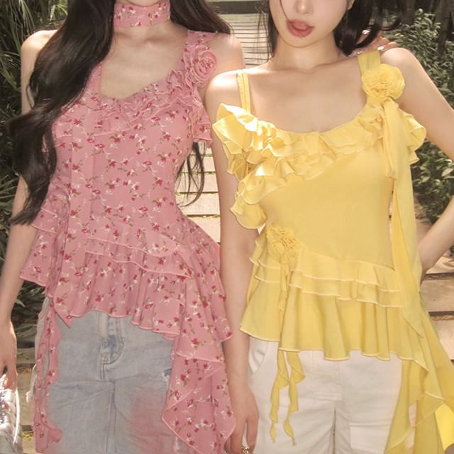 Ruffle Floral Top Detail Plain Asymmetrical Cami