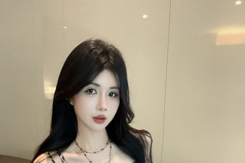 Ruffle Leopard Print Cami Slit Panel Tie-Up V-Neck Top