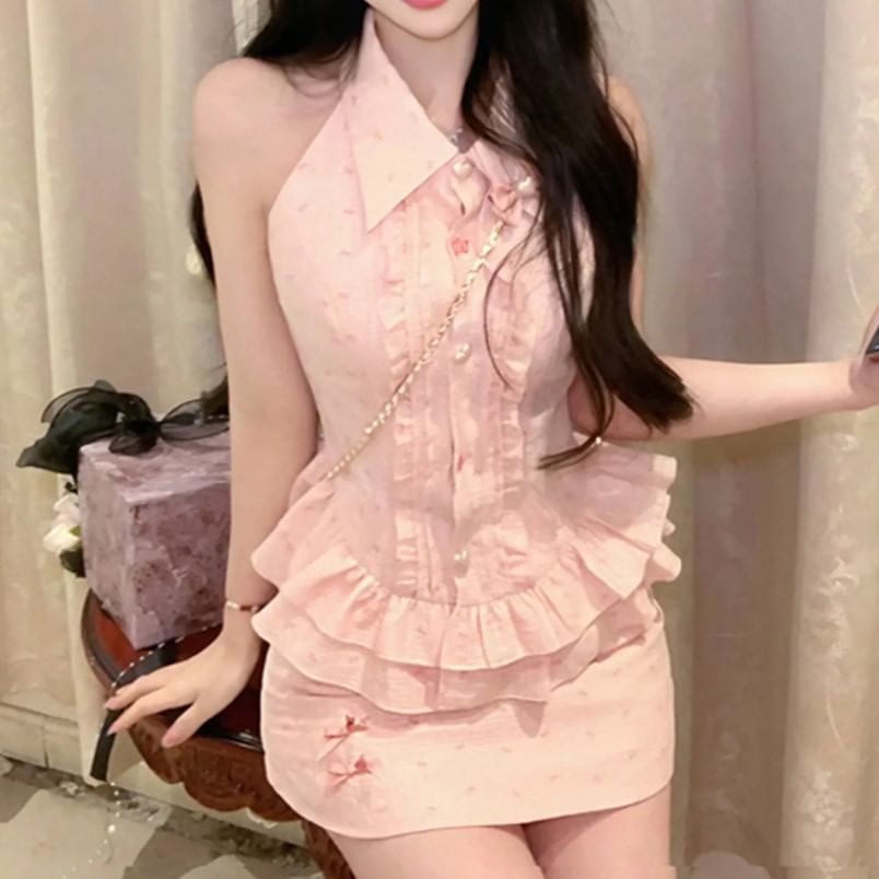 Brooch High Ruffle Waist Set Skirt Mini Print Bow Blouse Collared Pencil / Sleeveless