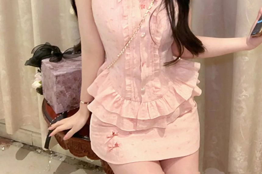 Brooch High Ruffle Waist Set Skirt Mini Print Bow Blouse Collared Pencil / Sleeveless