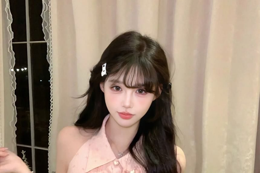 Brooch High Ruffle Waist Set Skirt Mini Print Bow Blouse Collared Pencil / Sleeveless