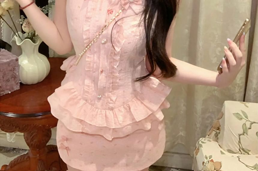 Brooch High Ruffle Waist Set Skirt Mini Print Bow Blouse Collared Pencil / Sleeveless