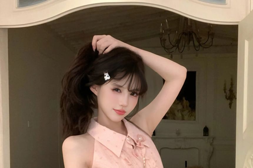 Brooch High Ruffle Waist Set Skirt Mini Print Bow Blouse Collared Pencil / Sleeveless