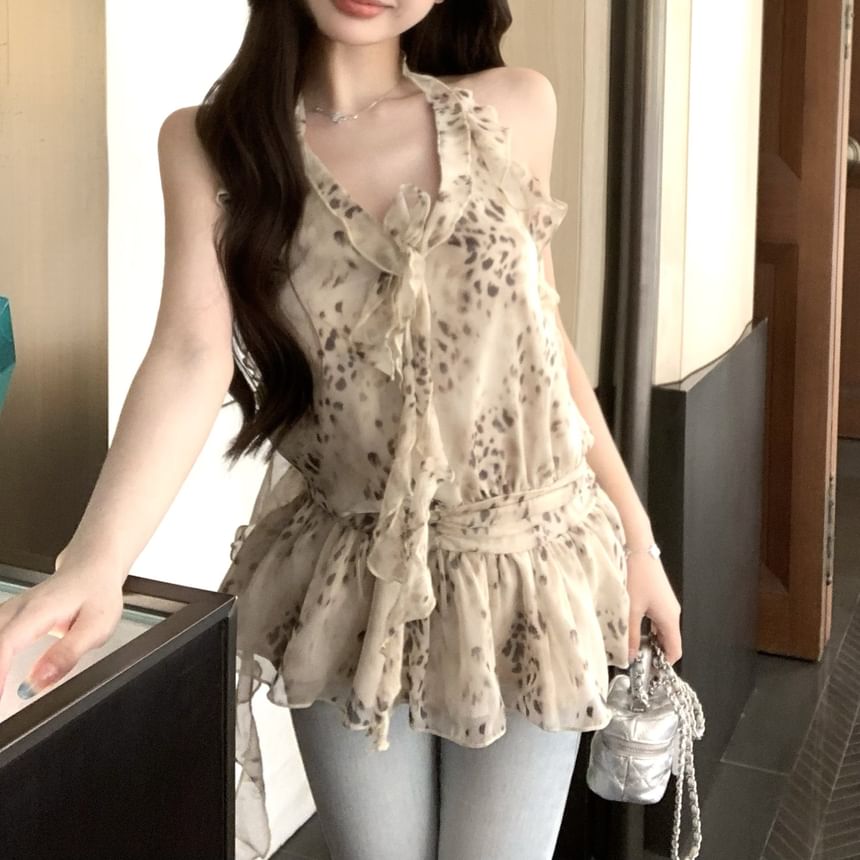Halter Ruffle Top Print Leopard