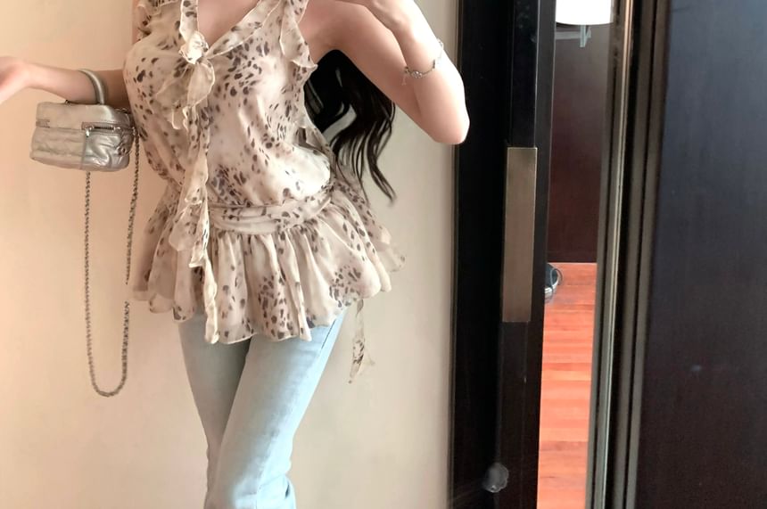 Halter Ruffle Top Print Leopard