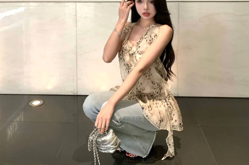 Halter Ruffle Top Print Leopard
