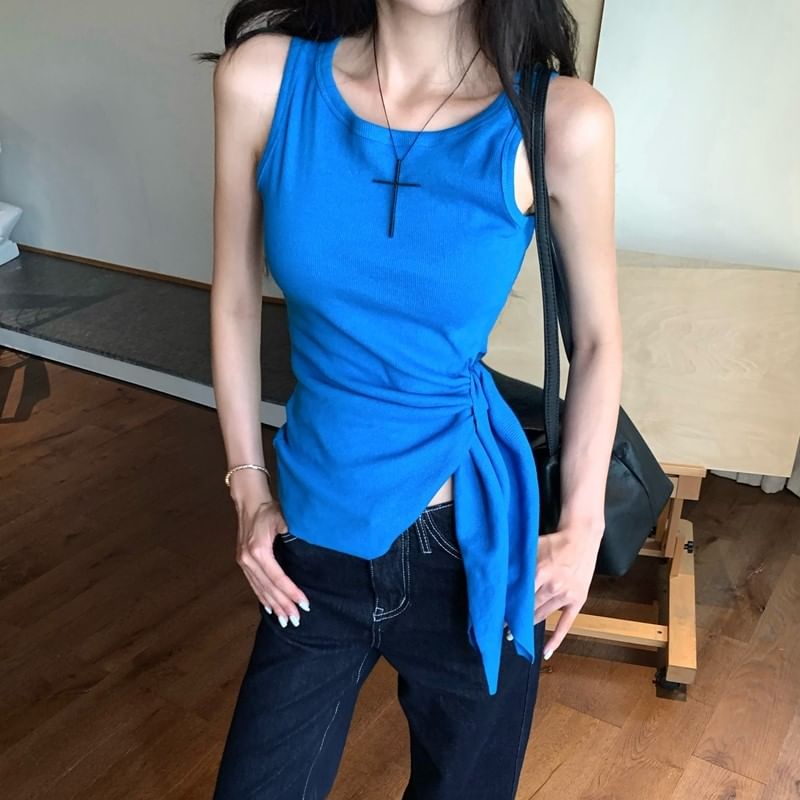 Neck Tie-Up Tank Top Plain Crew