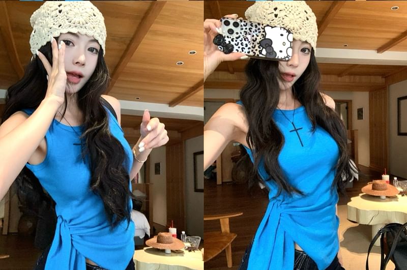 Neck Tie-Up Tank Top Plain Crew