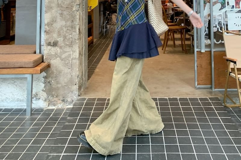 V-Neck Panel Halter Top Plaid