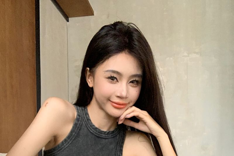 Neck Leg / Plain Pants Waist Washed Drawstring Top Crew Wide Tank