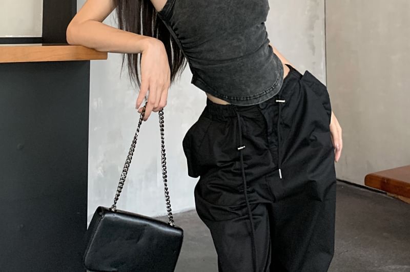 Neck Leg / Plain Pants Waist Washed Drawstring Top Crew Wide Tank