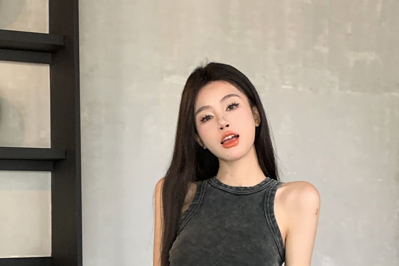 Neck Leg / Plain Pants Waist Washed Drawstring Top Crew Wide Tank