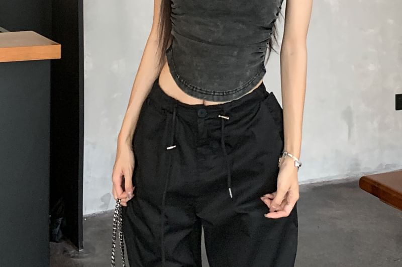 Neck Leg / Plain Pants Waist Washed Drawstring Top Crew Wide Tank