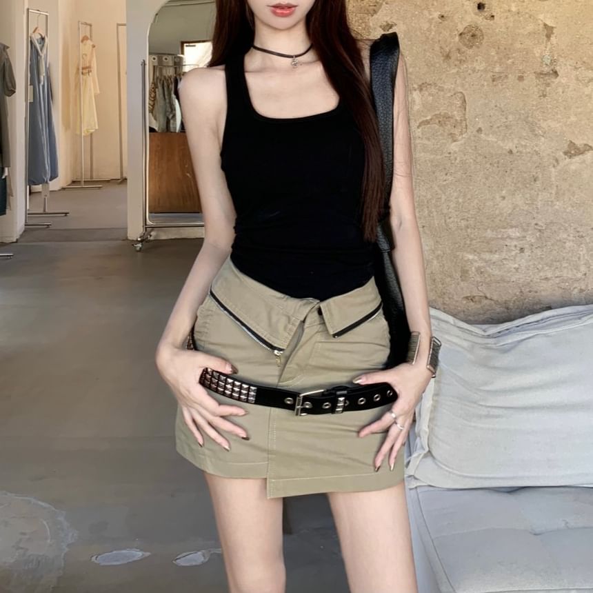 Waist Neck High Tank Pencil / Plain Studded Mini Belt Square Top Skirt Asymmetrical