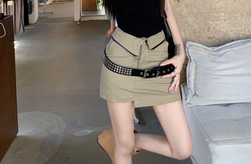 Waist Neck High Tank Pencil / Plain Studded Mini Belt Square Top Skirt Asymmetrical