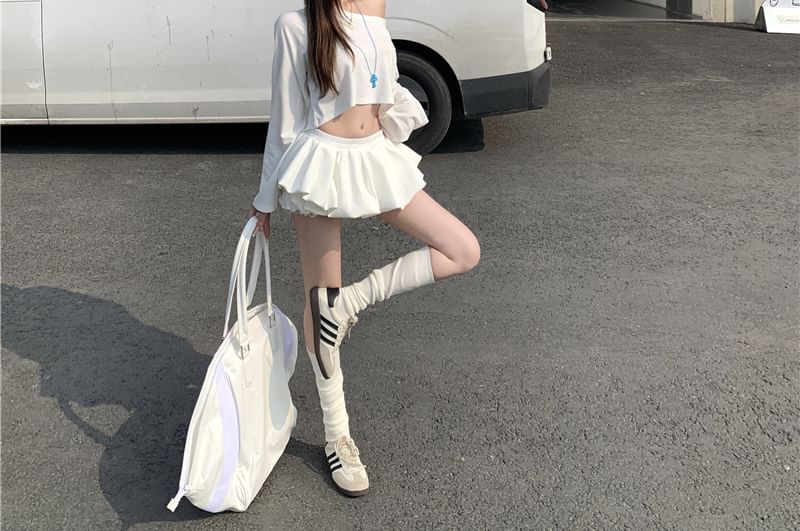 Mini Skirt Long-Sleeve Shoulder T-Shirt Plain / Off A-Line Crop