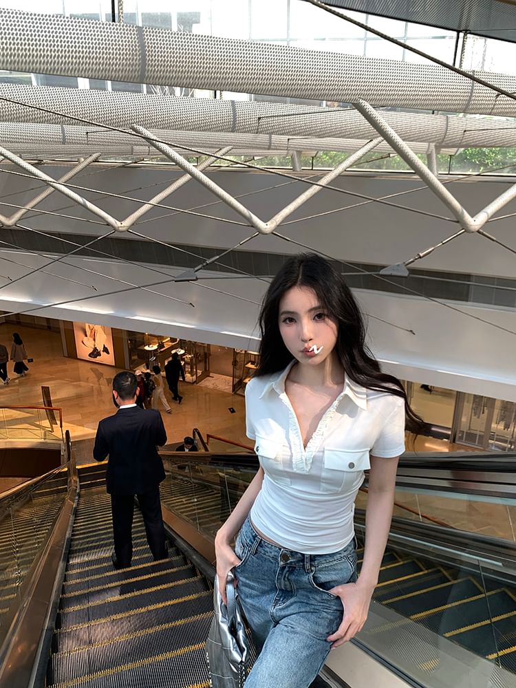 Short-Sleeve Top Polo Plain Crop Pocketed