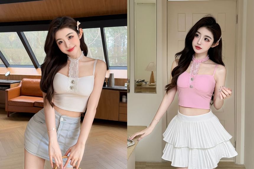Halter Neck Lace Crop Tee - Sleeveless