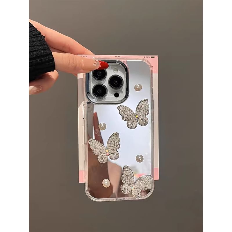 Mirrored Phone Strap / Pearl Case Butterfly Set Faux
