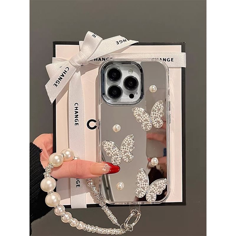 Mirrored Phone Strap / Pearl Case Butterfly Set Faux