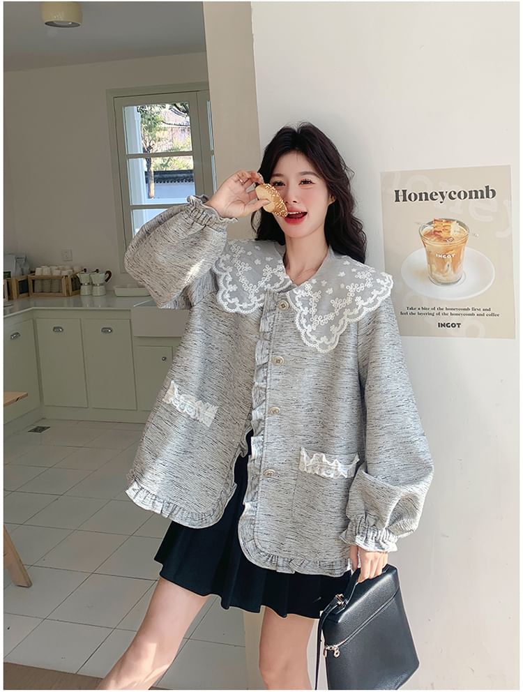 Peter Pan Collar Lace Panel Frill Trim Button-Up Jacket