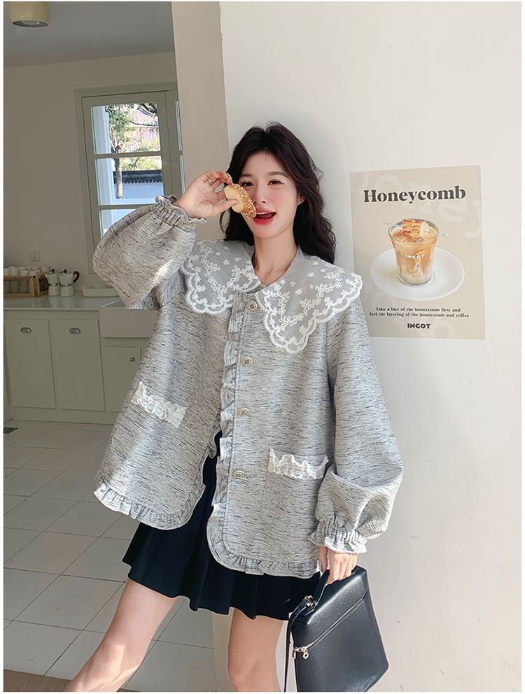 Peter Pan Collar Lace Panel Frill Trim Button-Up Jacket