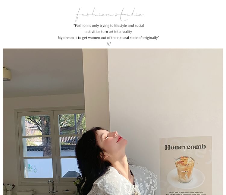 Peter Pan Collar Lace Panel Frill Trim Button-Up Jacket