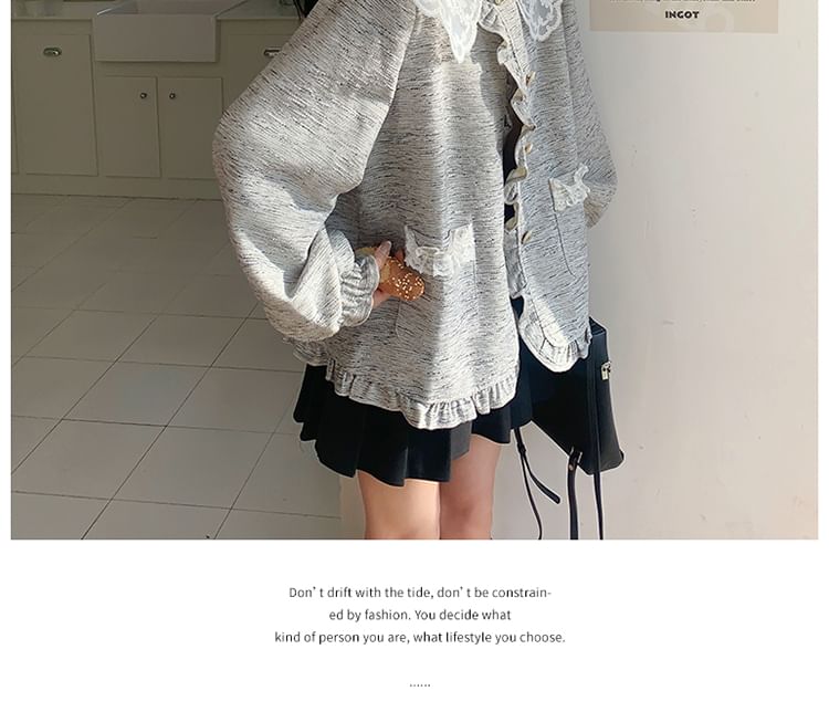 Peter Pan Collar Lace Panel Frill Trim Button-Up Jacket